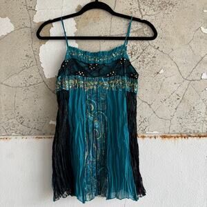 Fairycore Y2K Boho Flowy Top Sheer Lace Trim Teal Paisley Crinkle Size Small